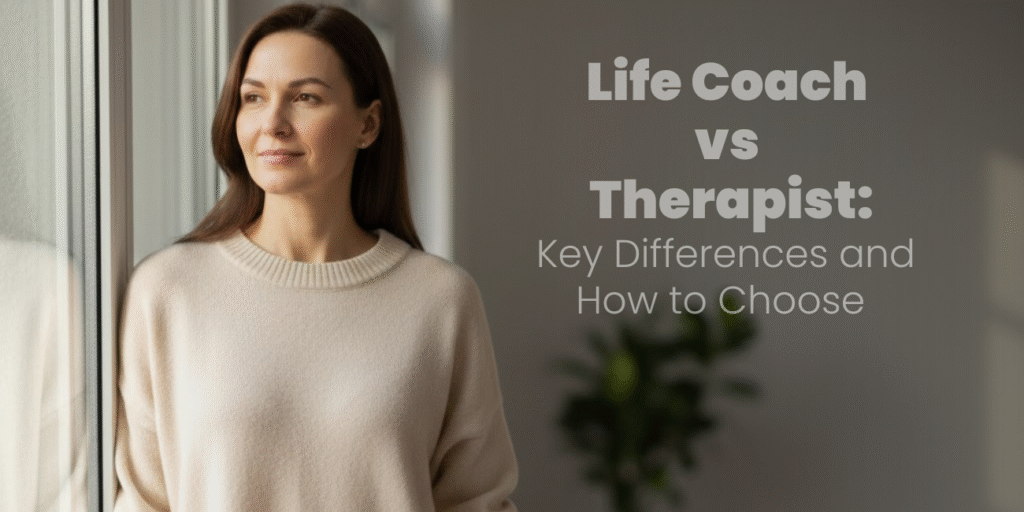 A women is thinking about taking a descision to choose a life coach or Therapist figuring out her thoughts to find why life coaching she should choose.