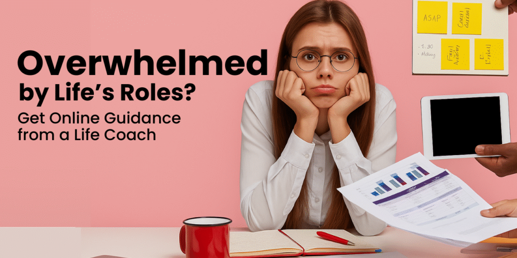 Young woman looking overwhelmed at her desk while multiple tasks and documents are handed to her, illustrating stress and the need for online life coaching guidance.